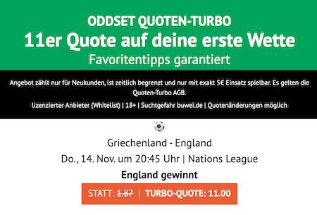 Quotenboost zu Griechenland gegen England bei ODDSET