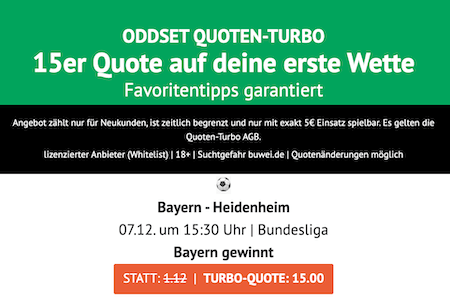 Quote 15,00 auf Bayern gewinnt bei ODDSET gegen Heidenheim